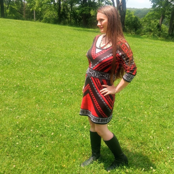Flying Tomato Dresses & Skirts - Flying Tomato Tribal Aztec Sweater Dress Red/Black